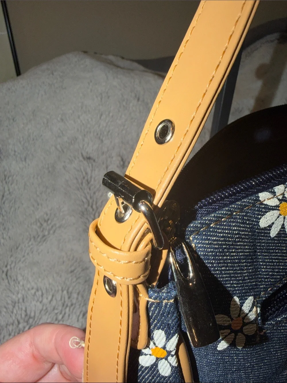 Denim Daisy Print Shoulder Bag with Tan Trim